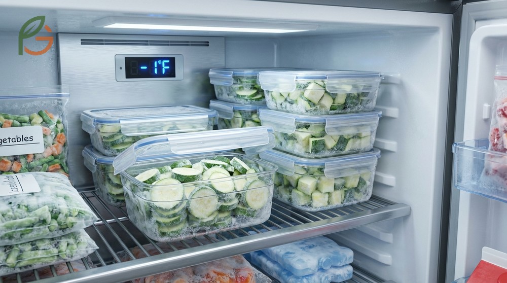Frozen zucchini storage tips recommending 0 degrees Fahrenheit to keep blanched vegetables fresh for 10 to 12 months.