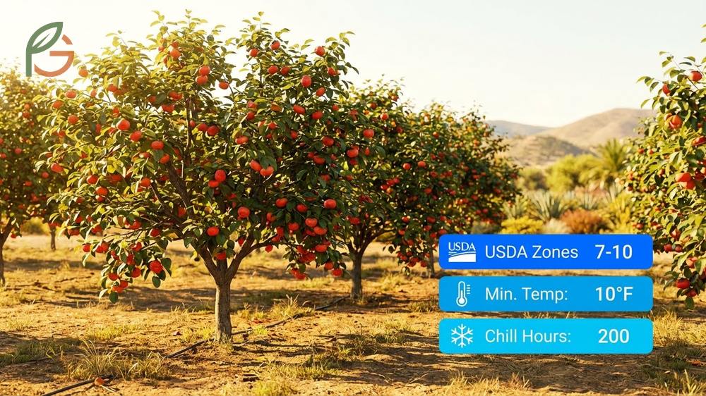 Growing requirements for Fuyu persimmon trees including full sun exposure and well-drained loam soil in zones 7 through 10.