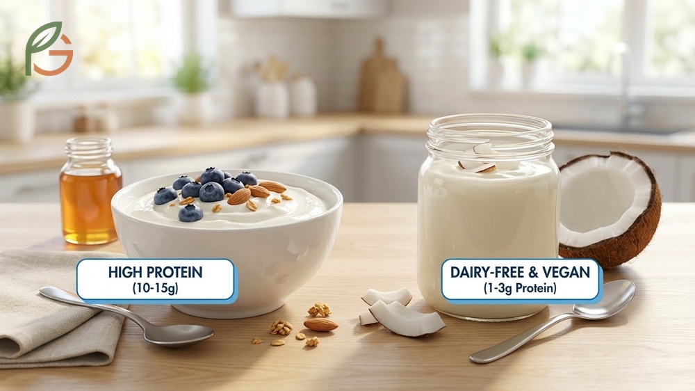 Greek yogurt vs coconut yogurt comparison showing differences in protein content and the benefits of being lactose-free.