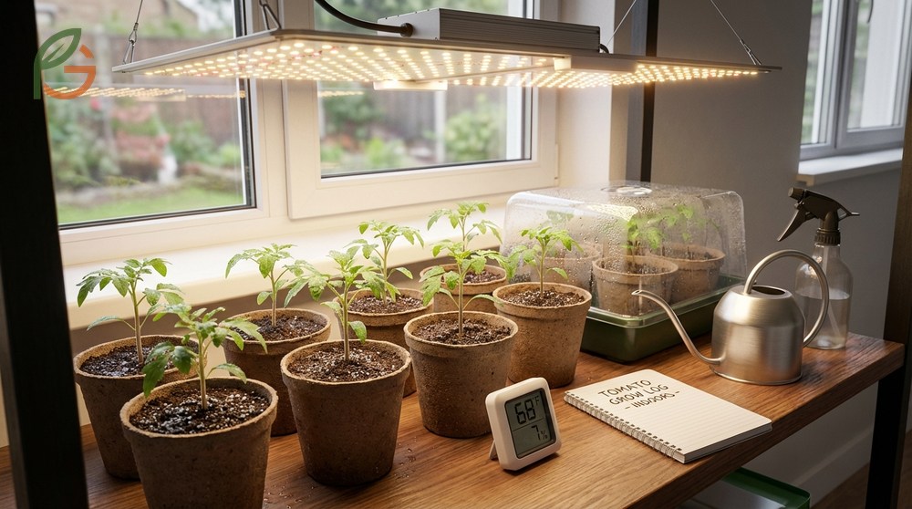 Growing tomato plants indoors requires strong grow lights positioned 2 to 4 inches above the seedlings.