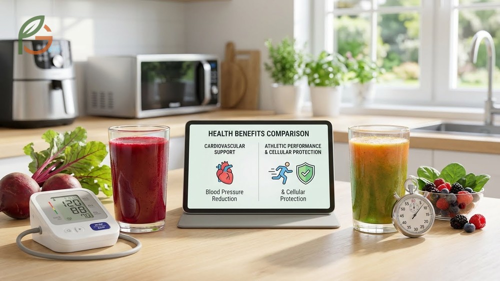 Health benefits comparison detailing how both juices support blood pressure regulation through distinct mechanisms.