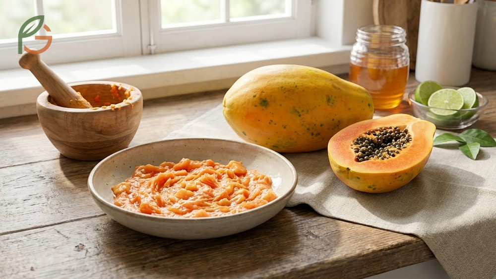 Mashed papaya mixed with honey and yogurt in a bowl creating a natural face mask for brightening and hydration.
