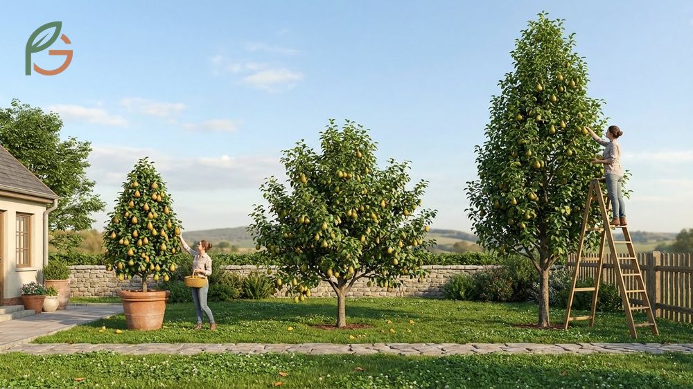 How big do pear trees get varies from small eight foot dwarf trees to large standard trees reaching twenty five feet.