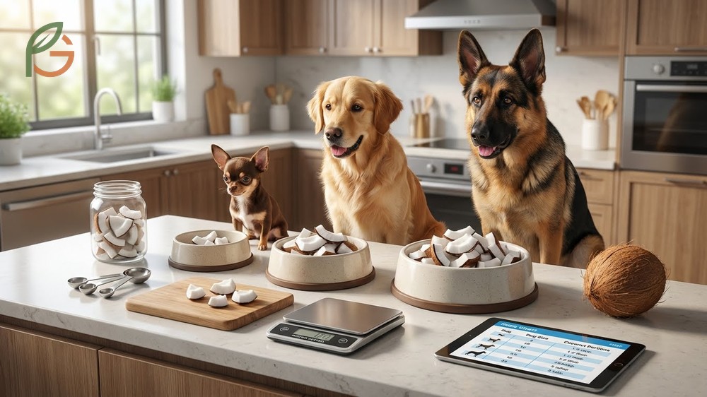 How much coconut can a dog eat showing portion sizes of 1 to 2 tablespoons for medium breeds to prevent weight gain.