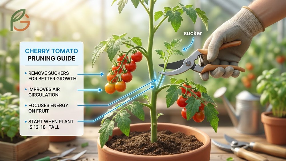 How to grow cherry tomatoes with pruning techniques removing suckers to improve airflow and increase fruit size.
