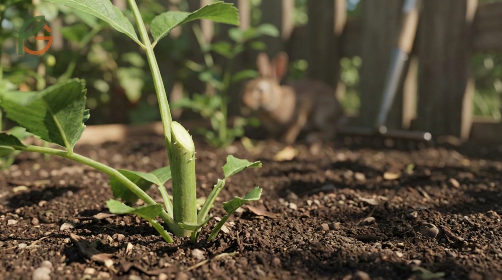 Identifying rabbit damage in garden by looking for clean forty-five degree angled cuts on young stems near the ground.