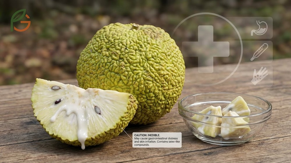 Osage orange tree fruit safety warning stating the fruit is inedible and may cause irritation due to latex compounds.