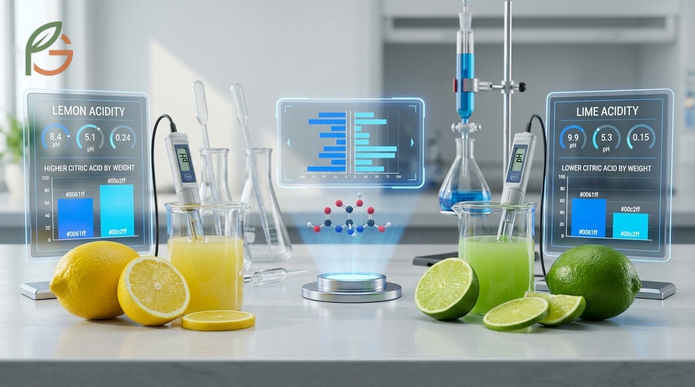 Lemon vs lime acidity comparison shows limes have a lower pH range of 2.0 to 2.35 compared to lemons at up to 2.6.
