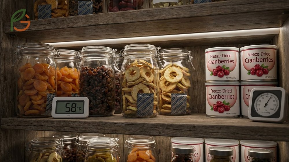 Long term storage for dried fruit using airtight containers and oxygen absorbers to maintain quality for over a year.