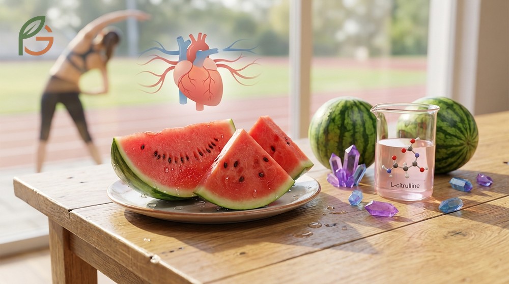 Minerals potassium and citrulline in watermelon support heart health and muscle function with 170mg potassium per cup.