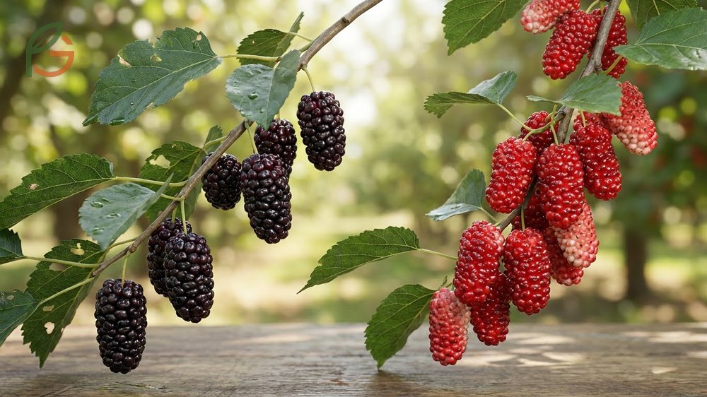 Mulberry fruit taste and nutrition comparison noting red mulberry tart black berries versus white mulberry sweet sugary clusters lacking acidity.