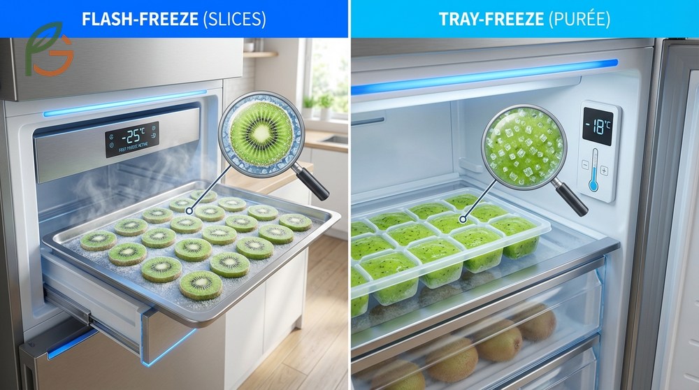 Kiwi freezing method using flash freezing techniques to prevent ice crystals and maintain fruit texture.