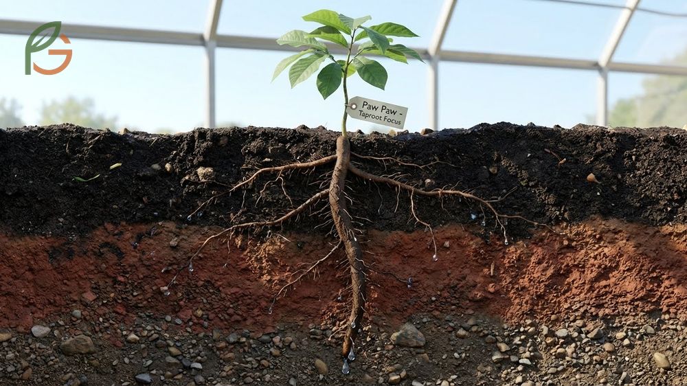 Tall tree pots used for paw paw taproot care to allow deep root growth without circling.