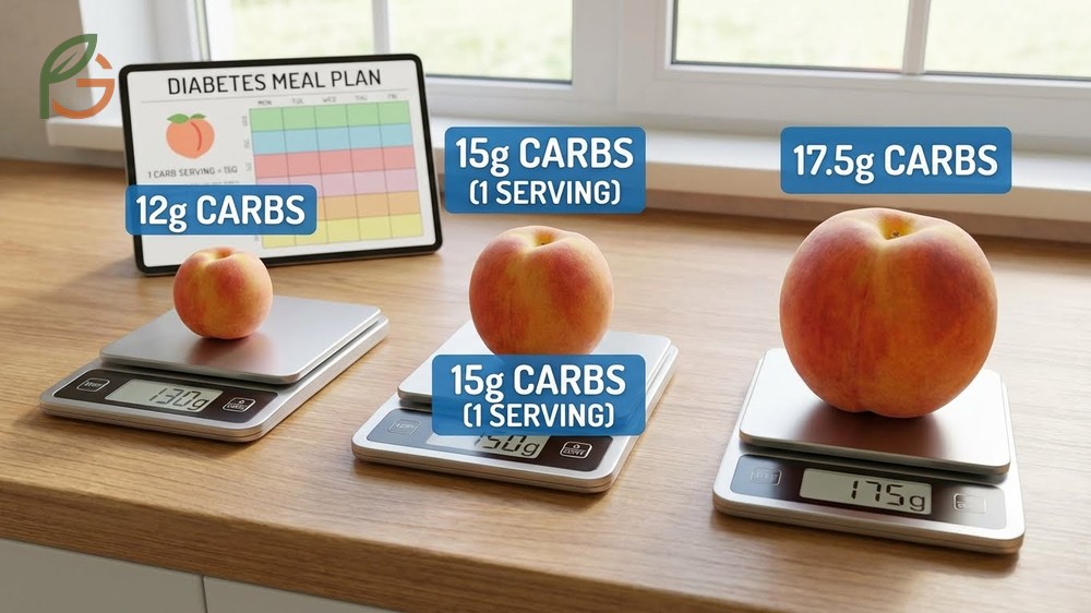 Peach portion for diabetes management demonstrating the handful rule for estimating proper carbohydrate servings.