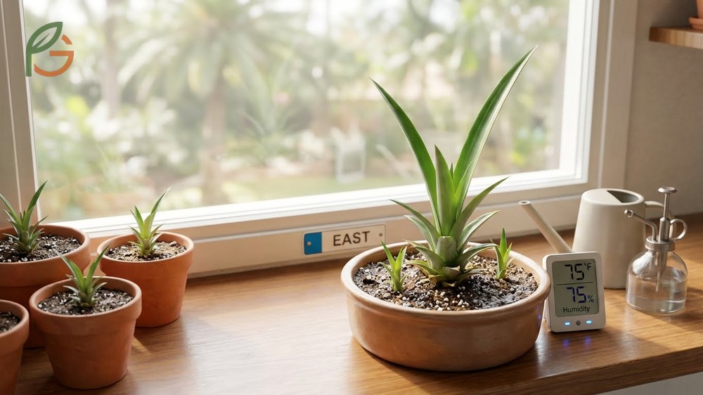 Pineapple seedling care requires bright indirect sunlight for 6 hours daily and humidity levels between 70 and 80 percent.