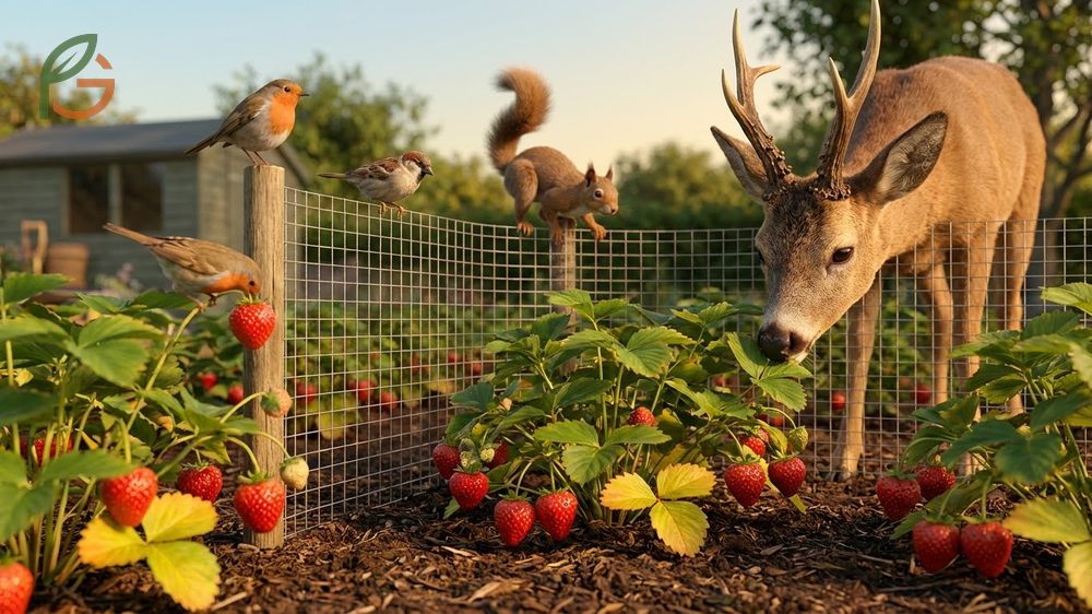 Protecting strawberries from animals using netting and fencing to stop deer and birds from eating fruit.