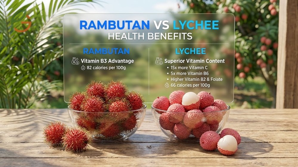 Rambutan vs lychee health benefits comparison noting lychee has more Vitamin C while rambutan offers unique peel antioxidants.