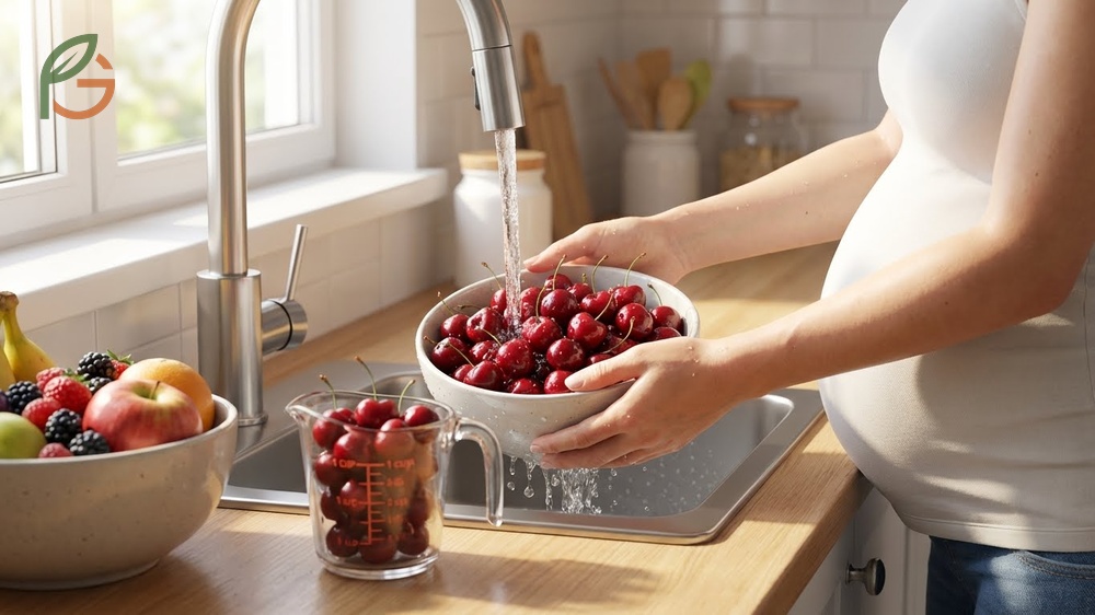 Safe cherry consumption guidelines recommending one to two cups daily and washing fruit thoroughly to remove pesticides.