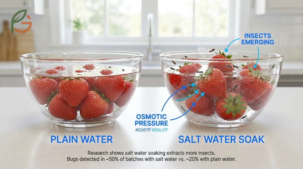 Salt water soak strawberries to remove fruit fly larvae and bugs hiding in the crevices.