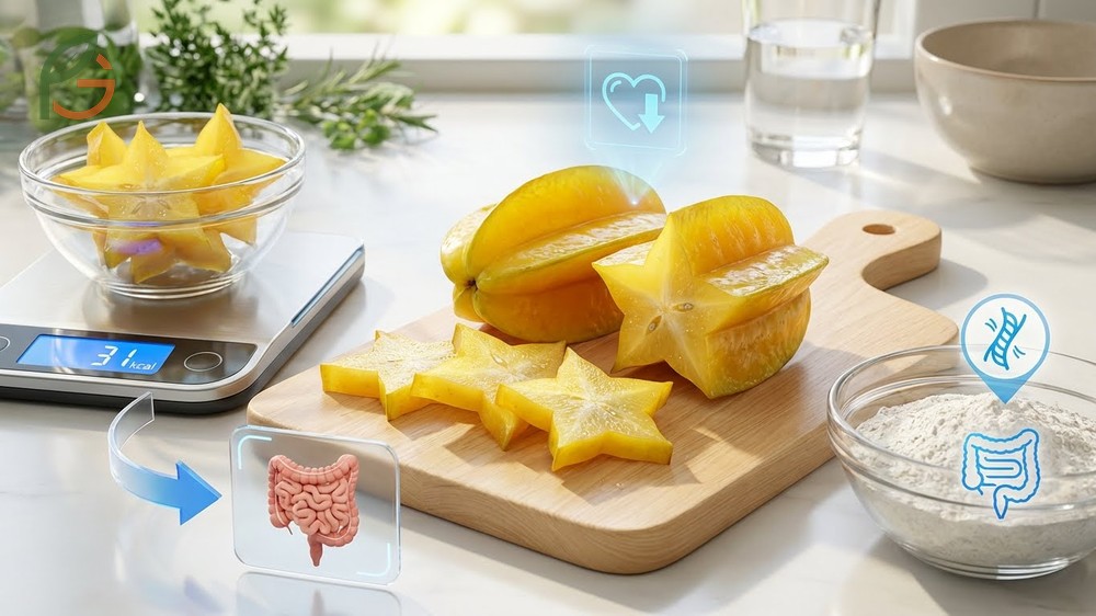 Starfruit nutritional benefits showing high fiber and vitamin content in a low calorie package.
