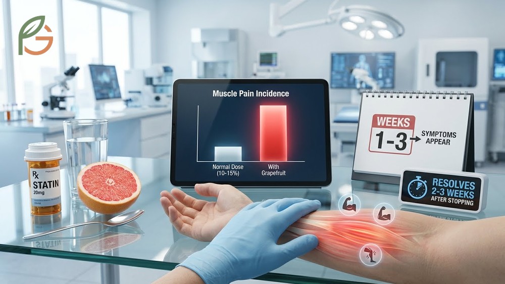 Statin side effects like muscle pain and weakness affect 10-15% of users and worsen significantly when combined with grapefruit.