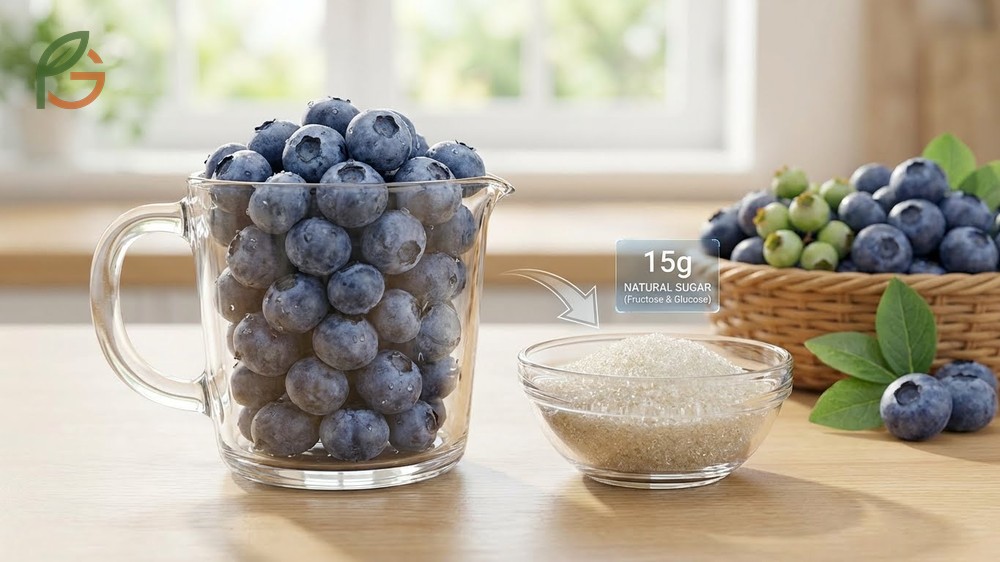 Sugar content in blueberries consists of 15 grams of natural fructose that releases energy slowly due to fiber.