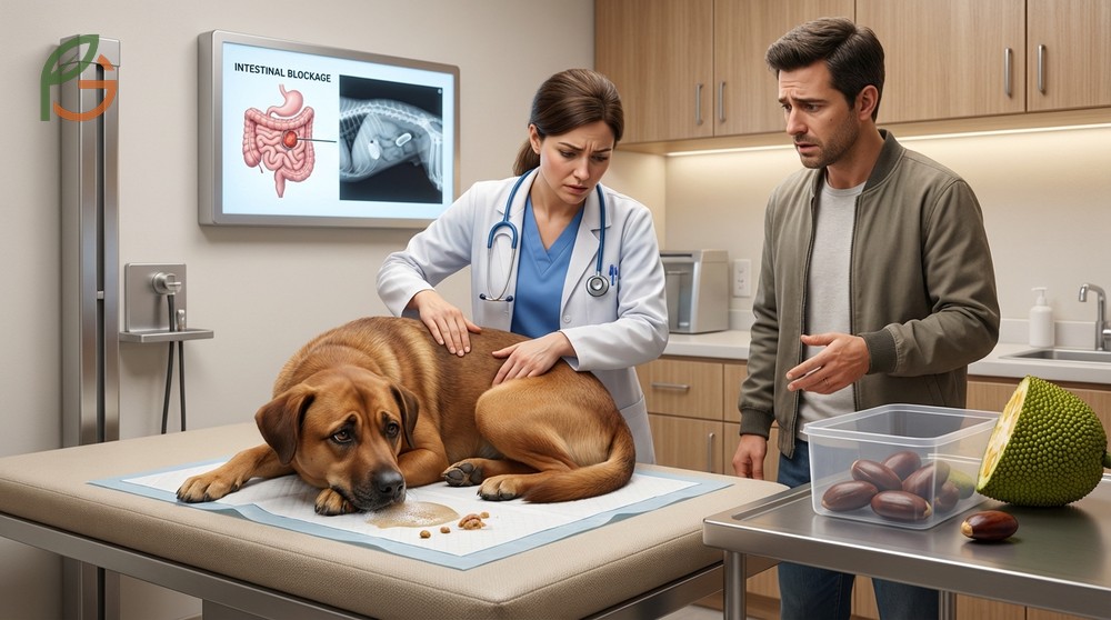 Signs of intestinal blockage in dogs such as vomiting and abdominal pain requiring emergency care.