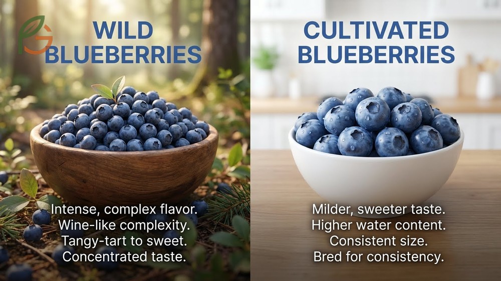 Taste difference between intense tangy wild blueberries and milder sweet cultivated varieties for baking.