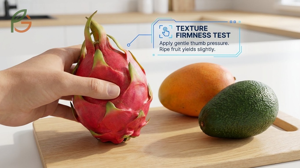 Texture firmness test confirms ripeness when the fruit yields slightly to gentle thumb pressure without collapsing.