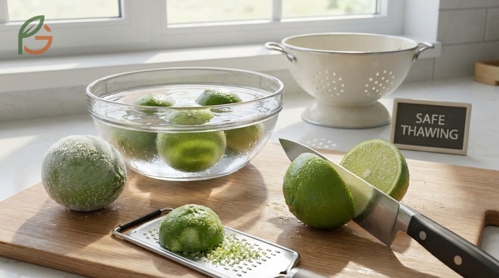 Thawing frozen limes works best in the refrigerator for 8 to 12 hours to preserve texture and juice yield effectively.