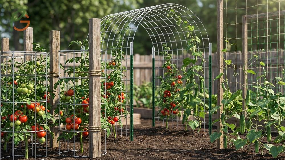 Trellis ideas for tomatoes and cucumbers using cattle panels to increase growing capacity by 50 percent in small gardens.
