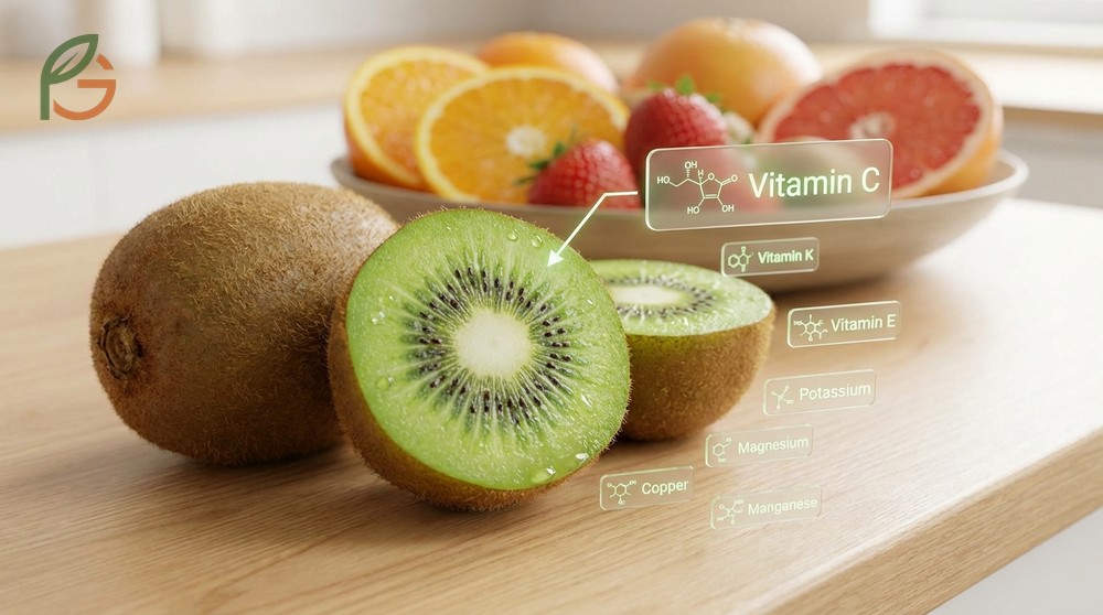 What vitamins do kiwis have highlighting 40.3 micrograms of vitamin K and 1.46mg of vitamin E per serving.