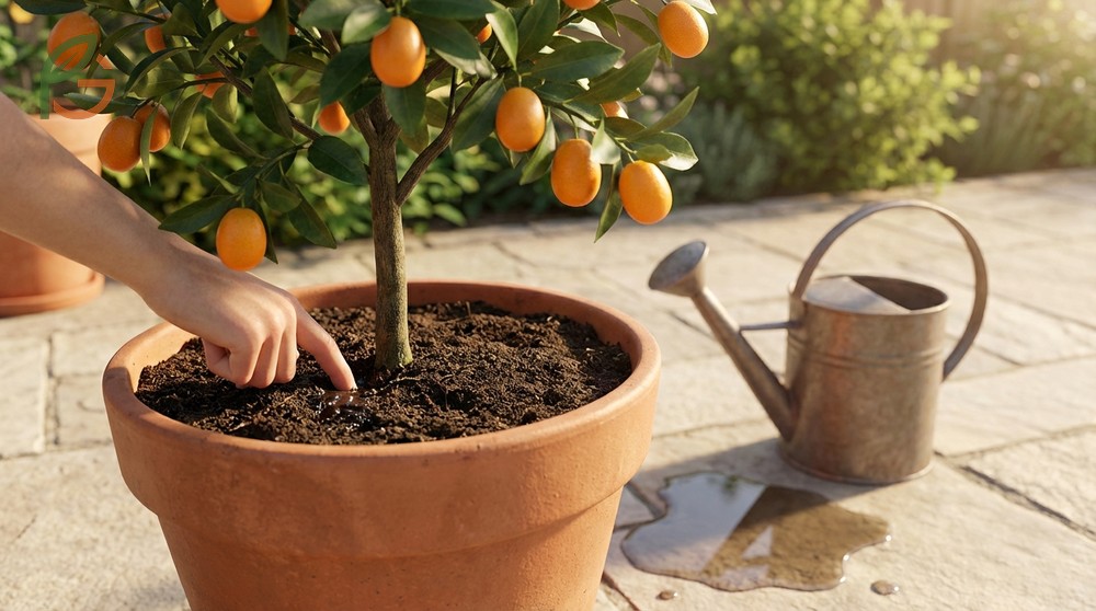 Watering kumquat tree technique ensuring the top 2 inches of soil are dry before soaking to prevent root rot.