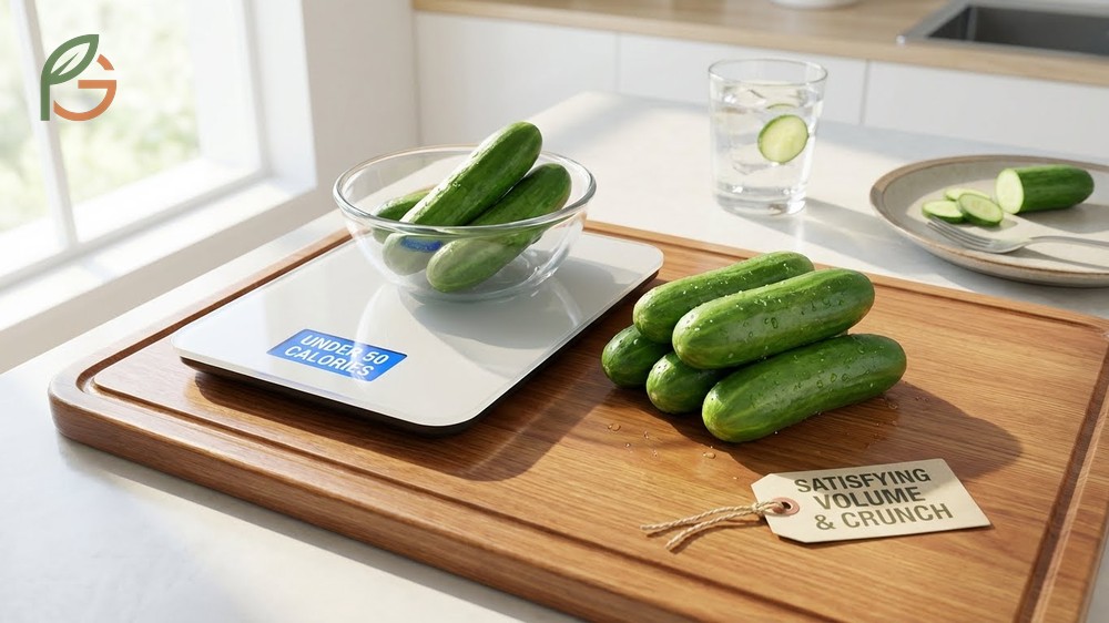 Weight loss snacks under 50 calories featuring 3-4 mini cucumbers for volume and hydration.