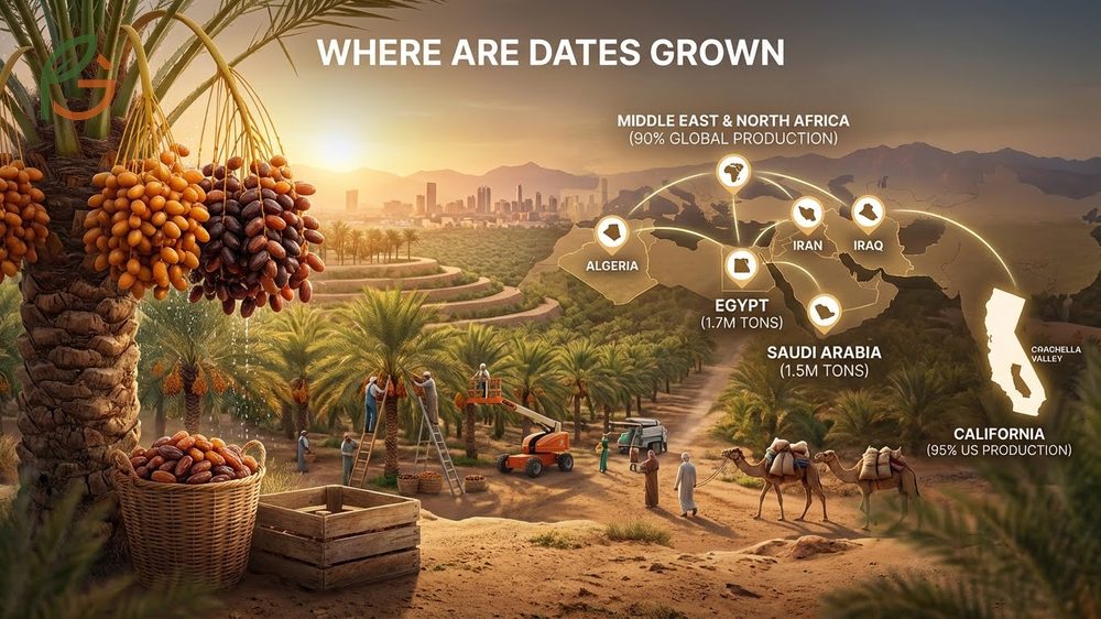 Where are dates grown highlighting Egypt leading production with 1.7 million metric tons annually.