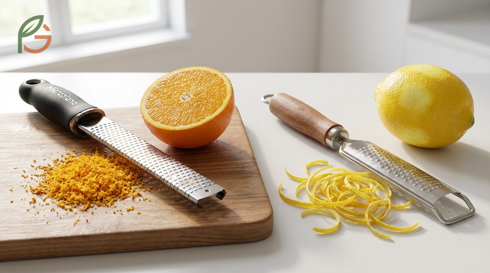 Zester vs microplane comparison showing how channel zesters create long thin strips for cocktail garnishes.
