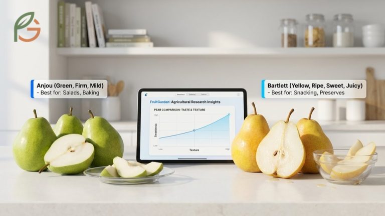 Comparison of green Anjou pears and yellow Bartlett pears highlighting differences in shape color and ripening characteristics.