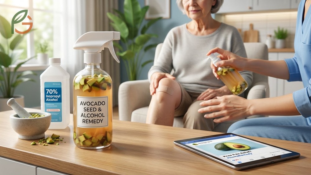 Avocado seed and alcohol remedy for knee pain involving a topical tincture made with rubbing alcohol.
