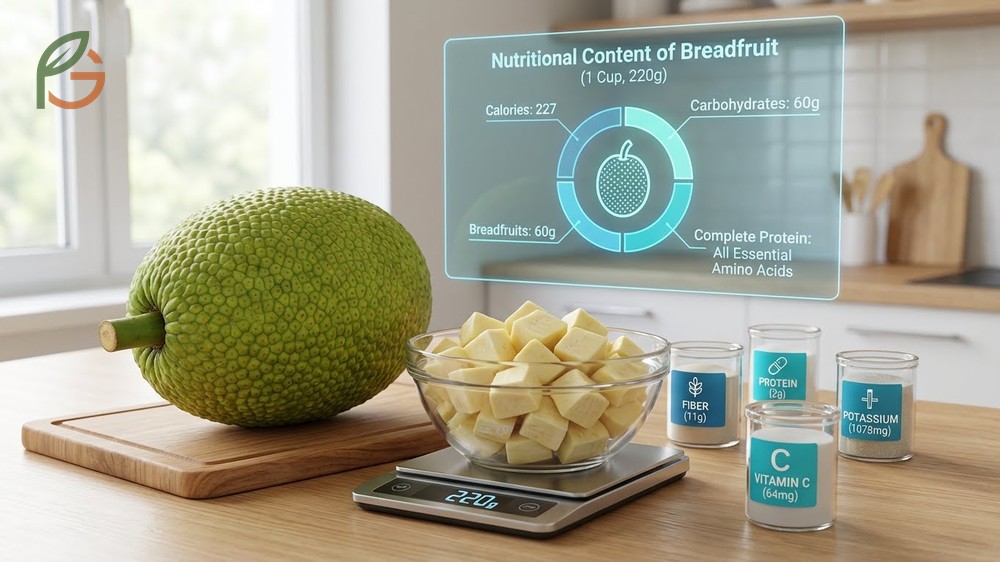 Nutritional content of one cup of breadfruit containing 60g carbohydrates, 11g fiber, and complete protein.