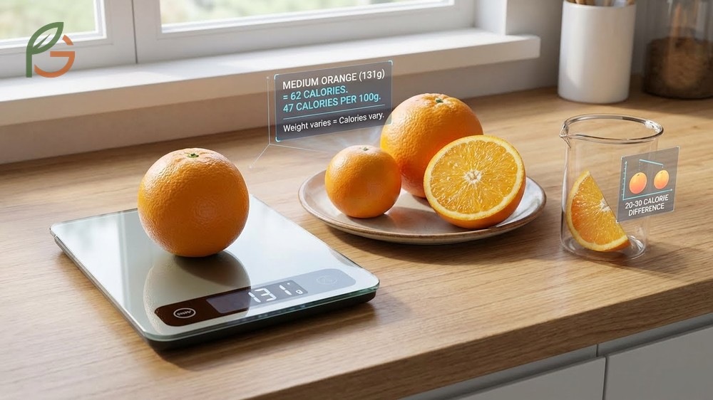 Calories in an orange calculated by weight show 47 calories per 100 grams of edible flesh.