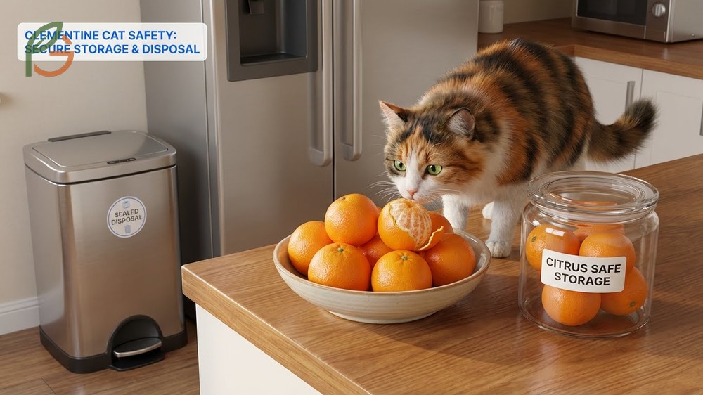 Clementine cat safety tips including storing fruit in sealed containers and using pet-safe cleaners without citrus oils.