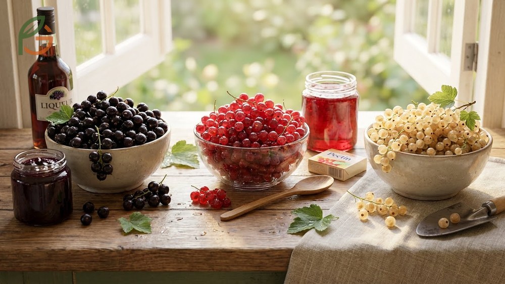 Currant varieties including red, black, and white types shown with their specific uses for jams, juices, and fresh eating.