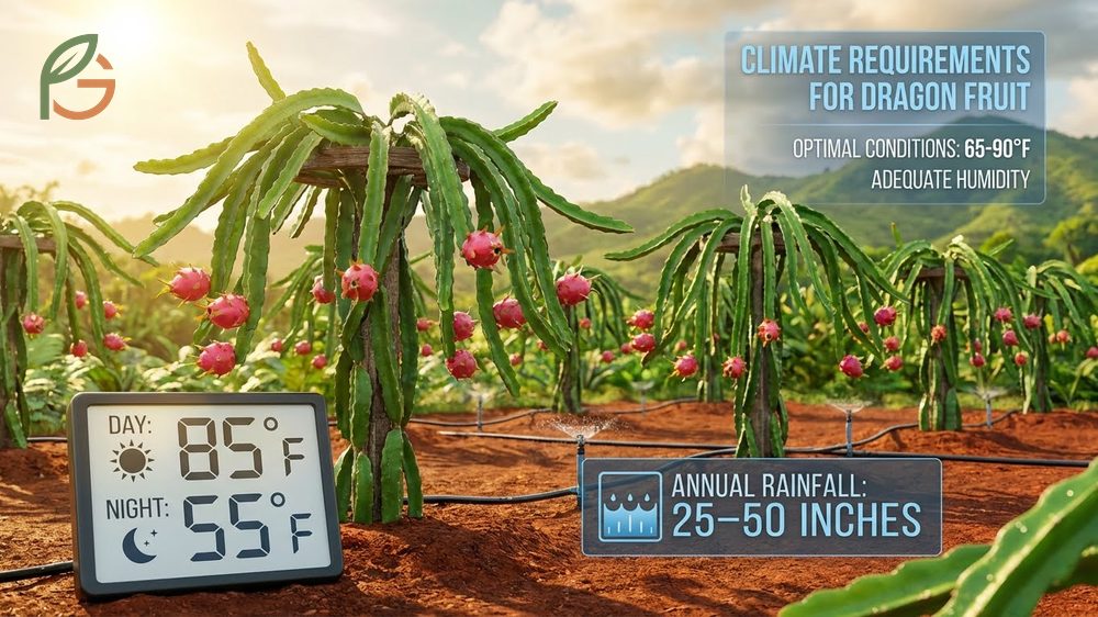 Climate requirements for dragon fruit including 6 to 8 hours of sun and optimal temperatures between 65 and 90 degrees.