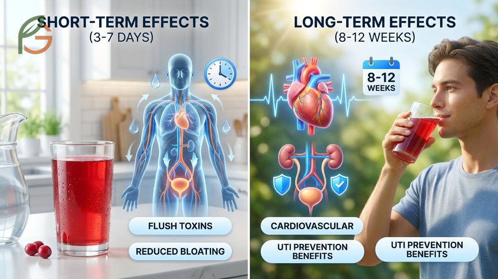 Effects of cranberry juice include improved regularity within days and cardiovascular benefits after eight weeks.