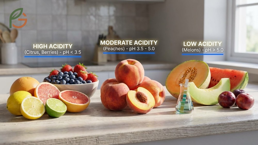 Fruit acidity comparison placing peaches in the middle range between high acid plums and low acid melons for digestive safety.