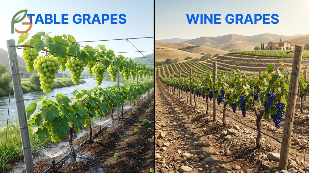 Cultivation differences for grapes show wine varieties prefer stressed hillside soils for concentration.