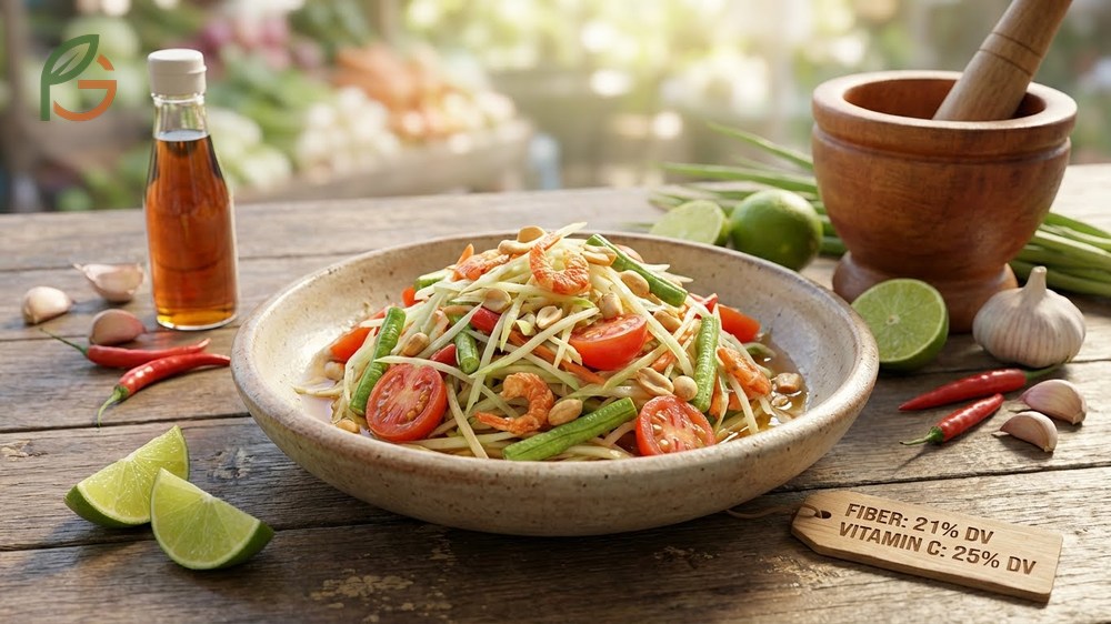 Green papaya salad offers a nutritious meal with fiber and vitamin C in a traditional Thai dish.