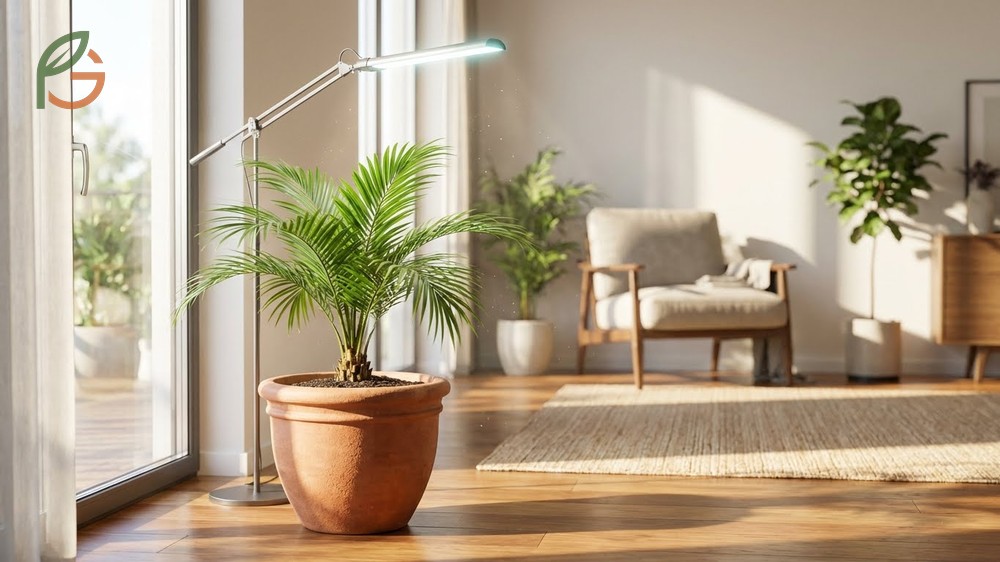 Young coconut palm growing indoors in a large pot near a sunny window with high humidity maintenance.