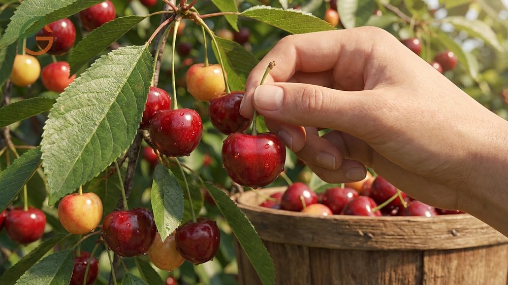 Hand picking ripe red cherries with stems attached to maintain freshness and prevent fruit damage.