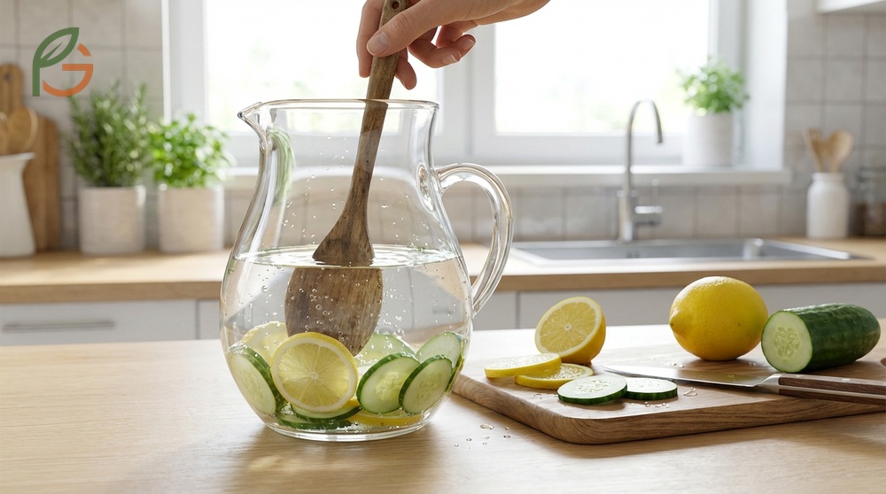 How to make lemon and cucumber water by muddling slices and adding 64 ounces of cold water for infusion.